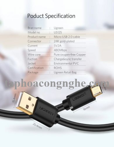 Ugreen 10839 3M màu Đen Cáp sạc truyền dữ liệu USB 2.0 sang MICRO USB lõi đồng US125 30010839